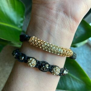 Avon Gold Crystal Bar and Bead Bracelet Set on Black Cord